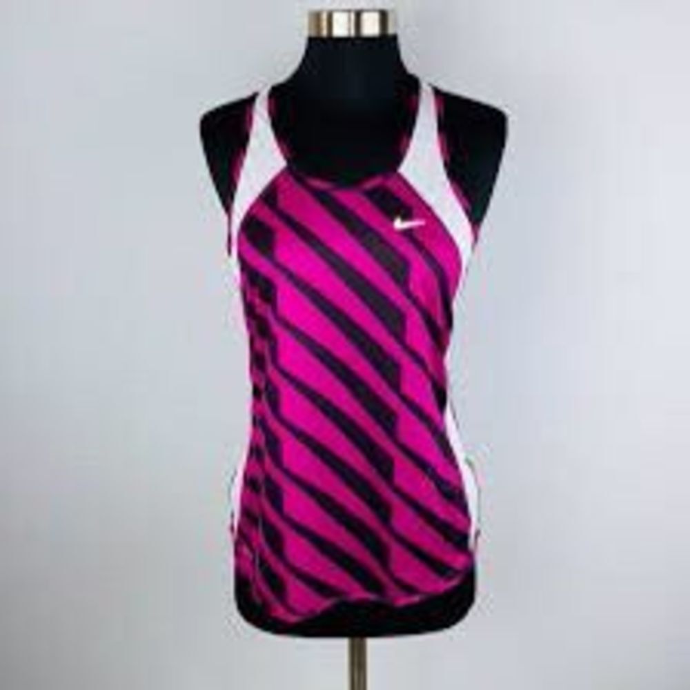 NIke Dri Fit Womens White PInk Black Sleeveless Angled Striped Top